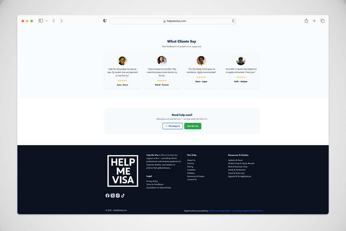 Zylaris Consulting Ghana Case Study – Web Design & Digital Transformation for HelpMeVisa.com